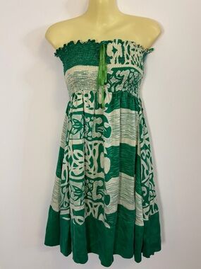 Frenzii Strapless Green Print Smocked Silk Dress